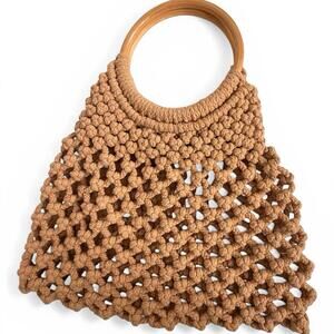 Do Everything In Love Macrame Net Bag Wooden Handle Boho Beige Tote Cottagecore